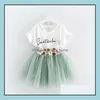 Clothing Sets New Summer Girls Dress Set Baby Kids Letters Cotton Tshirt And Embroidery Flower Lace Tle Skirt 2Pcs S Mxhome Dhfw4