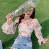 Blouzen voor dames shirts zomer bloemen chiffon blouse vrouwen elegante kawaii Koreaanse chique zoete ontwerper casual puff mouw outdoor slank 2022