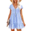 Summer Women Boho Mini Dress Sexig V-ringning Kort ärm Floral Casual Loose Chiffon Dresses Fashion Ruffles Woman Sundress 220518