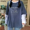 Sahte İki Parça Uzun Kollu T-Shirts Kadın Mektup Baskı Grafik Tee Baggy Kore tarzı Tasarım Taze All-Match Girls Spring Chic 220801