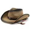 Men cowboy Straw Hats Summer Women Jazz Hat With Belt Khaki Unisex Hollow Breathable Beach Vintage Male Ladies Fedora Hat