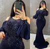 Puff Chiffon Long Sleeve Evening Dresses Beaded Mermaid Formal Party Wear 2022 Crew Neck Sexy Prom Dress Illusion Special Occasion Gowns