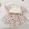 Letnie dziewczyny Zestawy odzieżowe koronkowe latające rękawy haftowa spódnica siatkowa 2pcs garnitur księżniczki dziecięce ubrania dla dzieci 220620