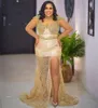 Robes de soirée de bal de sirène de perles d'or luxueuses pour les femmes arabes col transparent manches longues avant fendues perles lourdes robes d'ocn de soirée