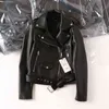 Ailegogo nya höstkvinnor svart pu faux läderjacka Streetwear Moto Biker Slim Fit Slå ned kragerocken med bältet L220801
