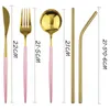 Pink Gold Travel Dinnerware Stainless Steel Portable Cutlery Knife Spoon Fork Straw With Cloth Pack Dinner Set For Picnic Y220530