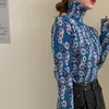 Yedinas Camicette dolcevita stile giapponese Camicette a maniche lunghe con stampa floreale Camicie eleganti da donna con design a pieghe chic coreano 220407