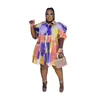 Plus Size Dresses Casual Tie Dye Print Pleated Shirt Contrast Color Puff Sleeve Ruched DressPlus