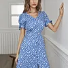 Gcarol Women Mini Flowers Blue Dress V-Neck Button Placket Fashning Bows on the Cuffs Surmer Spring Prairie Chic Dress 220514