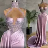 Abend 2022 Lavendel Kleider Meerjungfrau Plus Größe ärmellos Stehkragen glitzernde Pailletten Perlen geraffte Falten Sweep Zug nach Maß Prom Party Kleider Vestido
