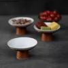 Schotels borden handgemaakte geweven houten basis keramische plaat lange voeten verfrissing dienblad dessert cake pan snack fruitsalade kom