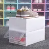 Clear Plastic Shoe Box Dammtät sneaker Lagringsarrangör Flip Transparent High Heels Boxar Candy Color Stapelbara skor Behållare Case SN4291