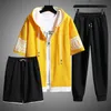 Sweat Suit Summer Men s Sets Hooded Zipper Short Sleeve Tops Trousers Short Clothing 3Piece Set Streetwear Tracksuit 220617