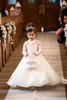 Ucuz Fildişi Uzun Kollu Balo Dantel Çiçek Kız Elbise 2022 Papyon Geri Payetler Prenses Kız Elbise Robe Princesse Enfant