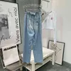 summer autumn light blue embroidered high waist slim legs long bud denim pants women