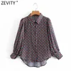 Zevity Women Vintage Hundstooth Print Chiffon Smock Blouse Ladies Turn Down Collar Shirt Chic Femme Blusas Tops LS7495 210603