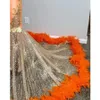 Black Girls Orange Mermaid Prom Dresses 2022 Satin Beading Sequined High Neck Feathers Luxury Skirt Evening Party Formal Gowns For Women C0527ZZ7