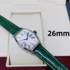 Orologio da donna al quarzo di moda classica Cassa in acciaio inossidabile da 26 mm Cinturino in pelle Specchio con zaffiro Sport Orologio con diamanti impermeabile a forma di barilotto Fibbia argento aaa