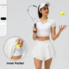 Tennis Skirts Women Sexy Sportswear Solid Color Breathable Skort Yoga T-shirt 2 in 1 Skirt Set Female Workout Fitness Clothing
