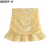 Xeasy Women非対称クロップトップドレスセットハイウエストミニスカートとブラウスの女性黄色の格子縞の2ピースセットスカート220509