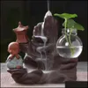 Backflow Incense Burner Holder Ceramic Little Monk Small Buddha Waterfall Sandalwood Censer Creatives Home Decor With 10 Cones Dro320P