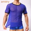 Mens camiseta apertada de malha sexy de malha transparente de manga curta homens esportes respiráveis ​​de manga curta para homem