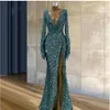Glansende lovertjes prom -jurken 2022 Deep V Neck Side Slit avondjurk lange mouw glitter cocktail party jurk B0804G06