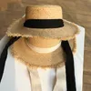 Straw Hat Women Wide Brim Sun Protection Beach Hat Black and White Ribbon Bowknot Straw Cap Casual Ladies Flat Top Panama Hat 220519