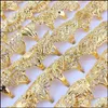 Bant Yüzük Takılar Toptan 50 PCS Karışık Şekli Düğün Altın Renk Büyük Nişan Çiçek Yüzük Kadınlar için Dro Dh2oc