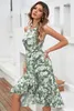 Casual Dresses Elegant Floral Print för kvinnor sommaren 2022 Lively Flowers Tank Ruffle Sleeveless A-Line Midi Dress Casual