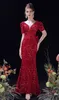 2022 Sexy mermaid Evening Dress Black Red Sequined Vestidos Largos Lace Sleeve Off Shoulder Woman Prom Party Night Dress Sweep Train