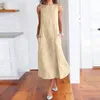 30h Dress Woman Casual Striped Print Long Sleeveless es O Neck Linen Pocket Summer for women 220521