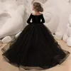 Black Flower Girls Dresses Long Sleeves with Pearls Beads First Holy Communion Dresses V Neck Lace Ball Gown Girls Pageant Gowns