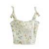 French Tie Bow Strap Fresh Floral Print Cami Summer Ruched Short Tank Tops Retro Cool Girl Sexy Slim Crop Top Tees 220519