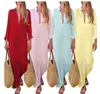 Women Solid Summer V Neck Cotton Linen Maxi Dress Party Vacation High Slit Loose Long Beach Dress S-2XL
