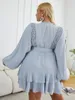 Plus Size Dresses Simplee Lantern Sleeves Ruffle Belt Elegant Dress Women Office Blue Lace A-line Loose Mini Vestido 2022Plus