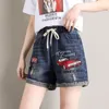 Women's Denim Shorts Loose Embroidery Pattern Wide Short Elastic Waist Summer Jeans Plus Size Clothing for Women 4xl 5xl 220427