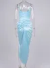 Asia Summer Satin Dress Ruched Cut out Side Split Spaghetti Strap Padded Elastic Midi Sexy Asymmetrical Woman es 220507