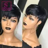 Short Bob Wavy Wig With Bangs Full Machine No Lace Wigs For Women Brazilian Straight Ombre Burgundy Human Hair Pixie Cut Wig