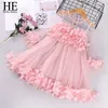 HE Hello Enjoy Vestidos para niñas Bebé Niño Ropa para niños Primavera Verano Manga larga Boda Princesa Pageant Flores Vestido rojo 220426