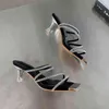 Tofflor rhinestone smal band kvinnor svart vit silver ihålig design tunna högklackar klänning sandaler glider mulor skor pumpar 220328