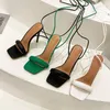 Sandaler 2022 Ankel Strap Green Women's High Heels Square Toe Female Party Shoes Sandalias de Mujer Zapatos