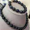 本物の自然な9-10mm黒い淡水真珠のネックレスセット18 ''