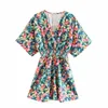 New women vintage v neck colorful flower print elastic waist mini dress female batwing sleeve vestidos party dresses DS3716 T200603