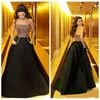 Black Myriam Fares Evening Prom Dresses Beaded Bodice A Line Floor Length Satin Red Carpet Dresses Strapless Formal Gowns With Pockets