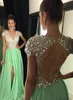 Vestidos de noite 2016 novo mergulho v pescoço capa mangas vestido de baile crystal beads chiffon split backless longa varredura trem vestidos de festa formal