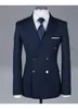 Formele smoking mode mannen pakken custome homme nieuwe stijl slim fit (jas + broek + tie + zakdoeken) Navy Bule dubbele breasted pakken