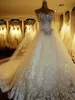 100% Real Image! 2019 vestido de baile de luxo vestidos de casamento querida cristal frisado tule real vestidos de casamento catedral trem de renda para cima de volta