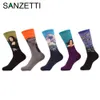 Wholesale- SANZETTI 5 pair/lot Men's Funny Socks Painting Mona Lisa Gogh Hokkaido Happy Socks Combed Cotton Socks