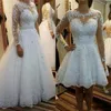 Luxury Pearls Lace Appliqued Wedding Dresses with Detachable Skirt Short Wedding Dress Sheer Jewel Neck Illusion Long Sleeves Pearl Belt